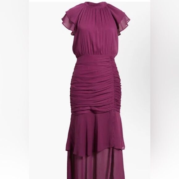 Mila Mae Plum Ruched Chiffon Maxi Dress Flutter Sleeves Lined Flowy Dress-EE9 - Picture 6 of 10